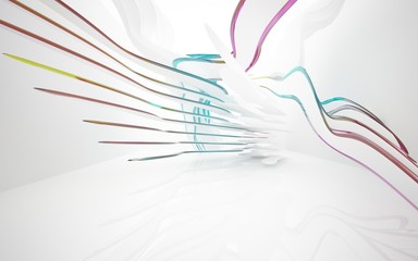 White smooth abstract architectural background whith colored gradient lines . 3D illustration and rendering