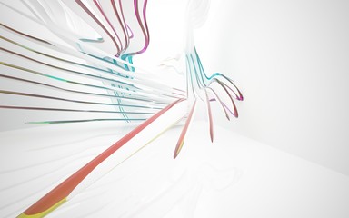 White smooth abstract architectural background whith colored gradient lines . 3D illustration and rendering