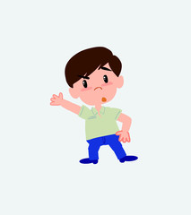 Businessman in casual style something angry shows something to his right.