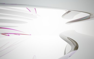 White smooth abstract architectural background whith colored gradient lines . 3D illustration and rendering