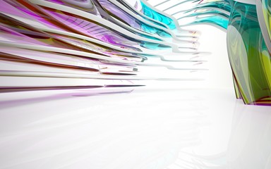 abstract architectural interior with colored smooth glass sculpture. 3D illustration and rendering