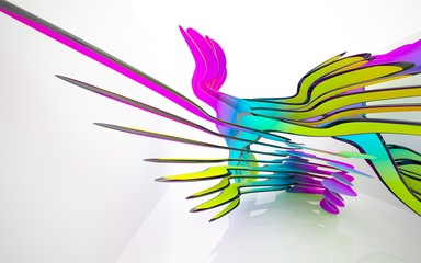 abstract architectural interior with colored smooth sculpture with black lines. 3D illustration and rendering