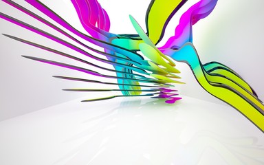 abstract architectural interior with colored smooth sculpture with black lines. 3D illustration and rendering
