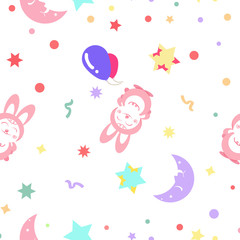 Obraz na płótnie Canvas Cute pink rabbit with moon and stars pattern seamless kids celebration party concept abstract background vector illustration