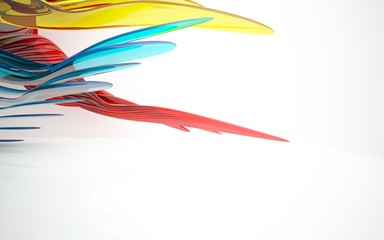 abstract architectural interior with colored smooth glass sculpture. 3D illustration and rendering
