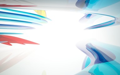 abstract architectural interior with colored smooth glass sculpture. 3D illustration and rendering
