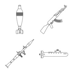 Vector illustration of weapon and gun sign. Set of weapon and army stock vector illustration.