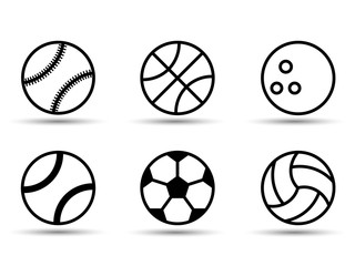 Set of black and white sports balls .Flat style .Shadow