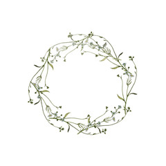 Wreath of field's plants isolated on white. Circle of meadow flowers.