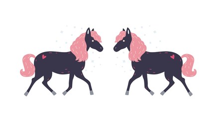 Adorable little black horse with pink mane and its symmetrical reflection. Cute magical fairytale pony. Funny cartoon domestic animal isolated on white background. Flat colored vector illustration. © Good Studio