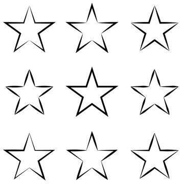 Set stars with calligraphic outline stroke, vector hand drawn star shape outline