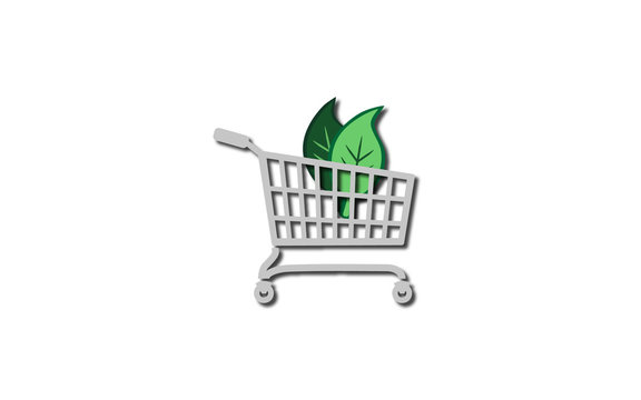 Eco-friendly shopping - vector image of a shopping cart and leaves