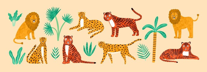 Collection of amusing lions, tigers, leopards, exotic leaves, tropical plants and palm tree isolated on light background. Bundle of wild African feline animals. Flat cartoon vector illustration. © Good Studio