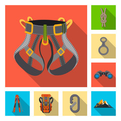 Vector illustration of mountaineering and peak symbol. Set of mountaineering and camp stock vector illustration.