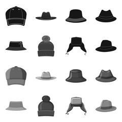 Isolated object of headgear and cap symbol. Set of headgear and accessory stock symbol for web.