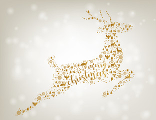 Merry Christmas - Reindeer golden on snowflake background