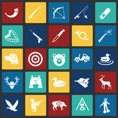 Hunting icon set on color squares background for graphic and web design, Modern simple vector sign. Internet concept. Trendy symbol for website design web button or mobile app