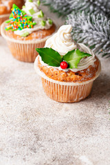 Christmas festive cupcake with different decorations