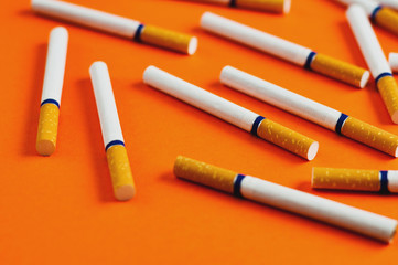 Lot of cigarettes with tobacco and filter scattered on orange background. Stop smoking concept