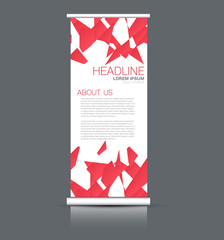 Roll up banner stand. Vertical information board design. Red color vector illustration.