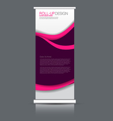 Fototapeta premium Roll up banner stand. Vertical information board design. Pink and purple color vector illustration.