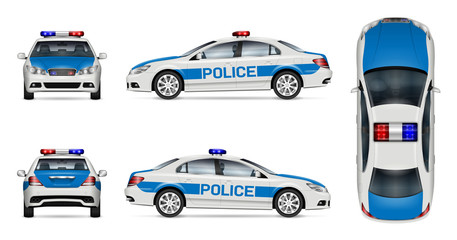 Naklejka premium Makieta wektor samochodu policyjnego na białym tle, widok z boku, przodu, tyłu i góry. Wszystkie elementy w grupach na osobnych warstwach dla łatwej edycji i ponownego kolorowania