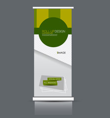 Roll up banner stand. Vertical information board template design. Green color vector illustration.