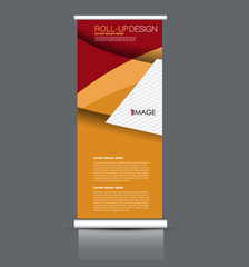 Roll up banner stand. Vertical information board template design. Red and orange color vector illustration.