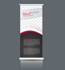 Roll up banner stand. Vertical information board template design. Red and black color vector illustration.