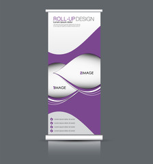 Roll up banner design. Vertical narrow flyer template. Advertising panel layout. Purple vector illustration.