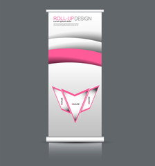 Roll up banner design. Vertical narrow flyer template. Advertising panel layout. Pink vector illustration.