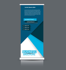 Roll up banner design. Vertical narrow flyer template. Advertising panel layout. Blue vector illustration.