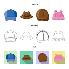Vector illustration of headgear and cap sign. Set of headgear and accessory vector icon for stock.