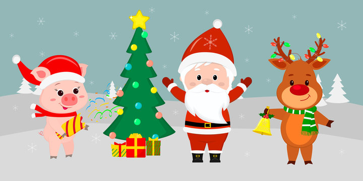 Santa Claus is standing with arms raised near the Christmas tree with gifts. A cute pig with a clapperboard, a deer with a bell against the background of winter. Winter holidays, vector