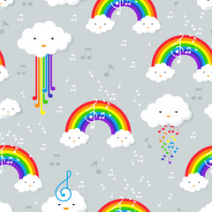 Pastel rainbow and stars seamless pattern on blue background wit