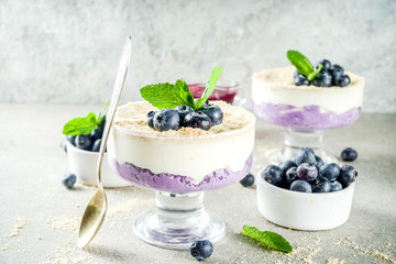 Sweet summer dessert, Blueberry no baked inverted cheesecake in glass, grey stone background copy space