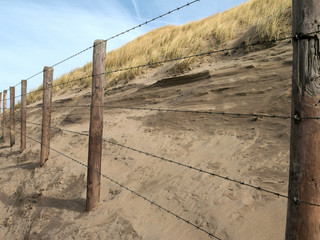 Hölzerne Zaunpfähle mit Stacheldraht in den Dünen von Katwijk, NL