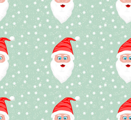 High Resolution illustration seamless pattern of Santa Claus face against snow flakes light blue background Merry Christmas and New Year Winter season greeting
