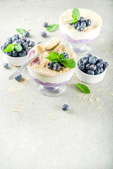 Sweet summer dessert, Blueberry no baked inverted cheesecake in glass, grey stone background copy space