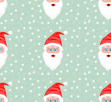 High Resolution illustration seamless pattern of Santa Claus face against snow flakes light blue background Merry Christmas and New Year Winter season greeting