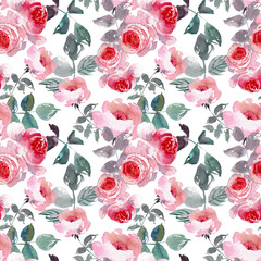 Seamless pattern wild pink roses flower and green leaves. Watercolor floral illustration. Botanical decorative element. Flower concept. Botanica concept. - 239492701