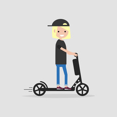 Young female Character rides on electric scooter.flat cartoon design.
