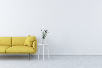 White modern interior with yellow modern sofa and vase on white side table