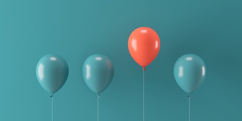 Minimal concept outstanding red balloon floating with green balloons on green background 