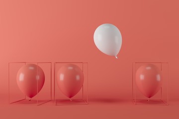 Minimal concept freedom white balloon floating with red balloons in red cage on red background 
