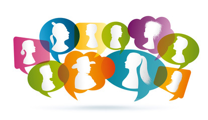 Vector colored Speech bubble. Communication between people. Crowd talking. Group of people talking. Profile silhouette