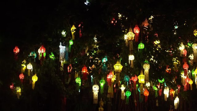 Tree Decorated with Colorful Lanterns during Loy Krathong Festival in Chiang Mai, Thailand