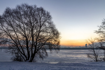 Fototapeta na wymiar winter sunrise at strogino floodplain. moscow, russia