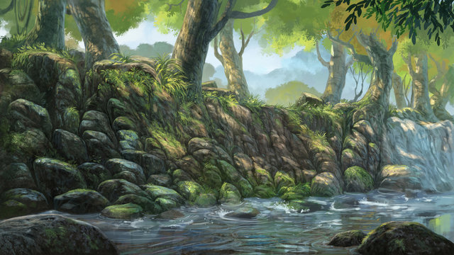 digital painting river in forest illustration background