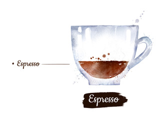 Watercolor side view illustration of Espresso coffee 